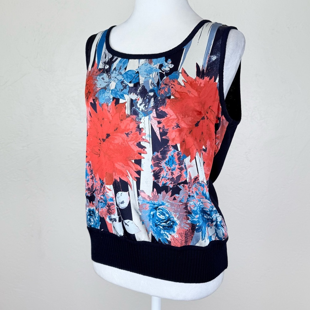 St. John Collection Navy Sleeveless Sweater Tank Shell Silk Red White Floral S - Picture 9 of 15